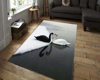 Schwarzweißer Schwanenteppich - Moderner minimalistischer Teppich für Wohnzimmer, Schlafzimmer, Büro, elegantes Wohnkulturdesign, Schwanenpaarteppich