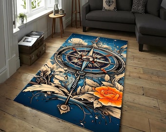 Nautical Compass Rug, Traveler Rug, Sailor Rug, Yacht Rug, Coastal Decor, Marine Rug, Nautical Rug, Ocean-Inspired Decorative Area Carpet