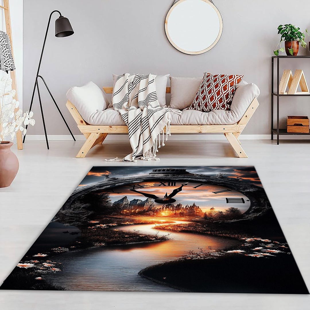 Clock Art Rug, Magical Castle Clock Rug, Fantasy Clock Landscape ...