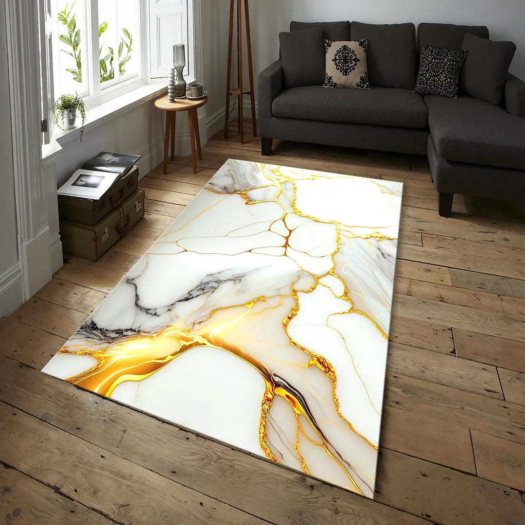 Luxury Gold & White Marble Pattern Rug, Marble Decor, Living Room Rug ...