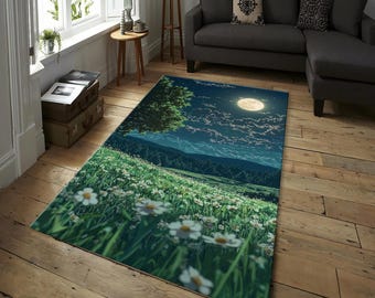 Nachtwiese Teppich - Vollmond und Gänseblümchenfeld Digital Art Landschaft Teppich für Schlafzimmer, Wohnzimmer und von der Natur inspiriertes Wohndekor