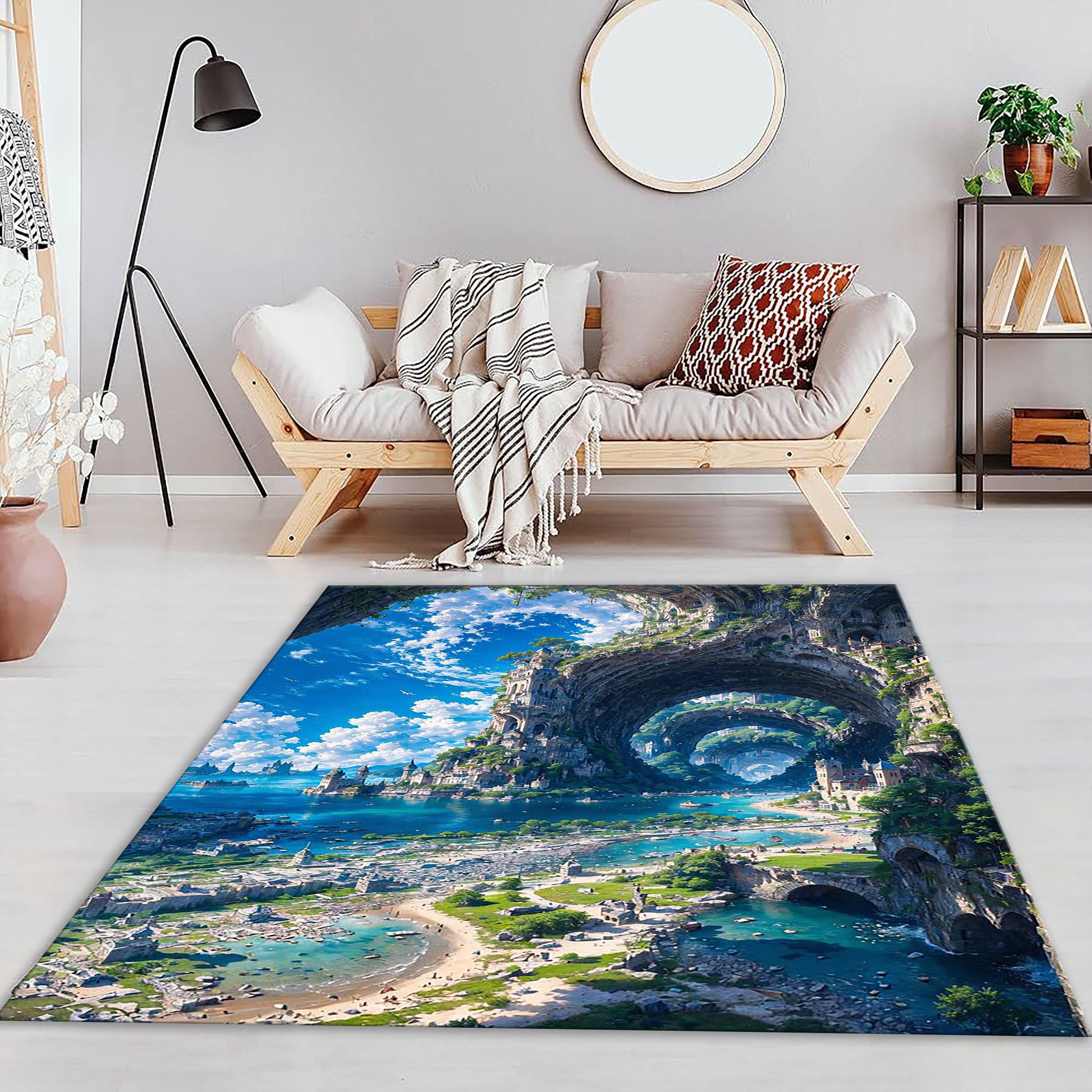 Epic Rug Fantasy Castle Landscape Rug, Surreal Ocean Archway Rug, Epic Medieval ...