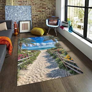 Tapis de plage, Tapis de plage tropicale, Tapis de sol sentier côtier, Tapis design plage, Tapis bord de mer, Tapis vue océan, Tapis plage et mer