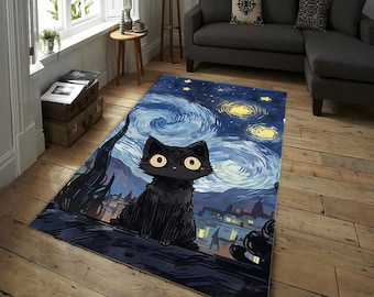 Van Gogh inspiriert Haustier-Kunstteppich, Einzigartige schwarze und orange Katze Kinderzimmer Dekor, Tier Design Teppich, Teppich, Katzensternennacht Van Gogh, Katzenteppich