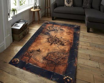Vintage Nautical Compass Map Rug,  Sea Map Rug, Adventure Floor Mat, World Map Rug, Non-Slip Vintage Style, Antique Ocean Navigation Rug