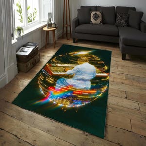 Retro Futuristic Synthwave Rug – Colorful Sci-Fi Digital Art Carpet with Musician Playing Synthesizer, Neon Light and Cosmic Vibes Decor