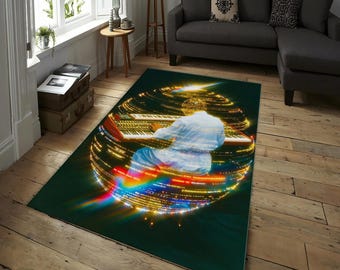 Retro Futuristischer Synthwave Teppich - Bunter Sci-Fi Digital Art Teppich mit Musiker Spielen Synthesizer, Neonlicht und Cosmic Vibes Decor