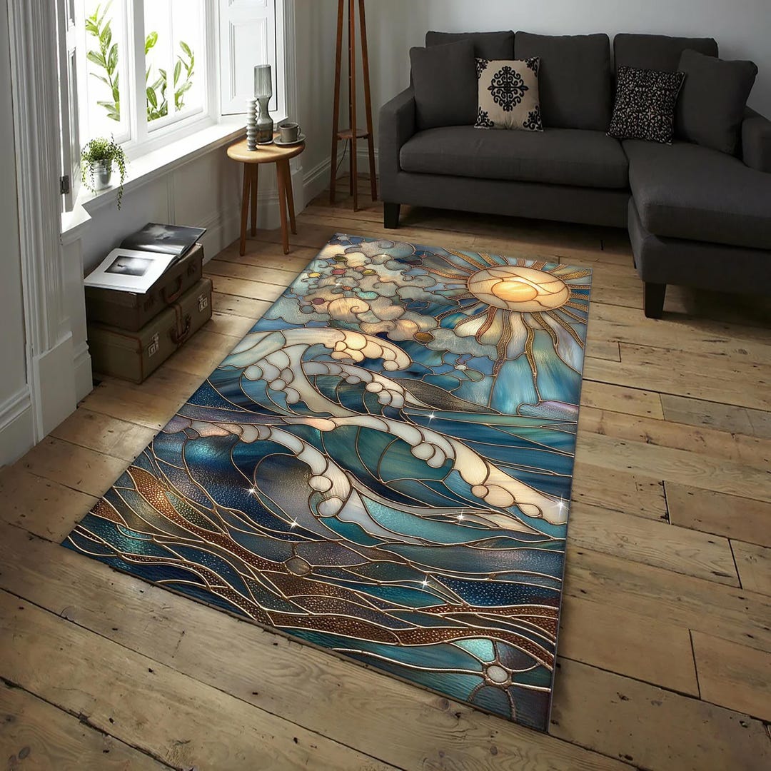 Stained Glass Rug Design Ocean Wave Stained Glass Rug – Sun and Sea Inspired Art Nouveau Carpet ...