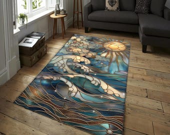 Ocean Waves Buntglasteppich - Sonne und Meer Inspirierter Jugendstil Teppich für Wohnzimmer, Schlafzimmer, Ozean und Sonne Jugendstil Teppich