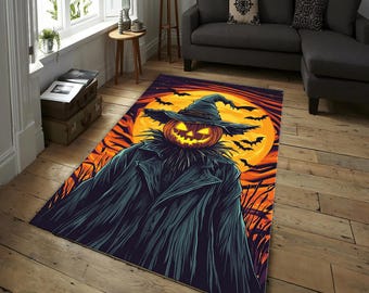 Halloween Vogelscheuche Kürbis Teppich - Spooky Jack O Lantern Teppich mit Vollmond Fledermäusen, Spukhaus Horror Dekor Weihnachtsgeschenk, Wohnzimmer Teppich