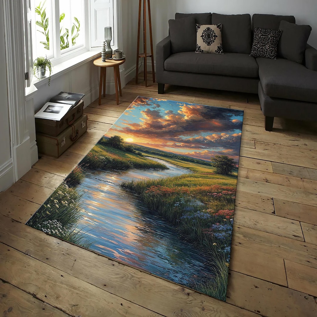 River Rug Custom Sunset River Landscape Rug – Scenic Nature Area Carpet for Living Room ...