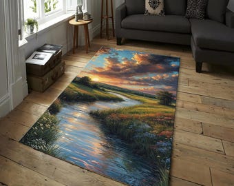 Sunset River Landscape Rug – Scenic Nature Area Carpet for Living Room, Bedroom, or Office – Colorful Meadow and Waterway Design, Stream Rug