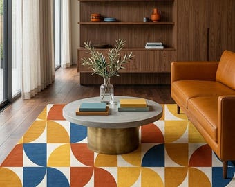 Pode incluir: Um tapete retangular com um padrão geométrico repetitivo de semicírculos em amarelo mostarda, azul profundo e laranja queimado sobre um fundo branco. O tapete está posicionado sob uma mesa de centro redonda cinza com base de latão.