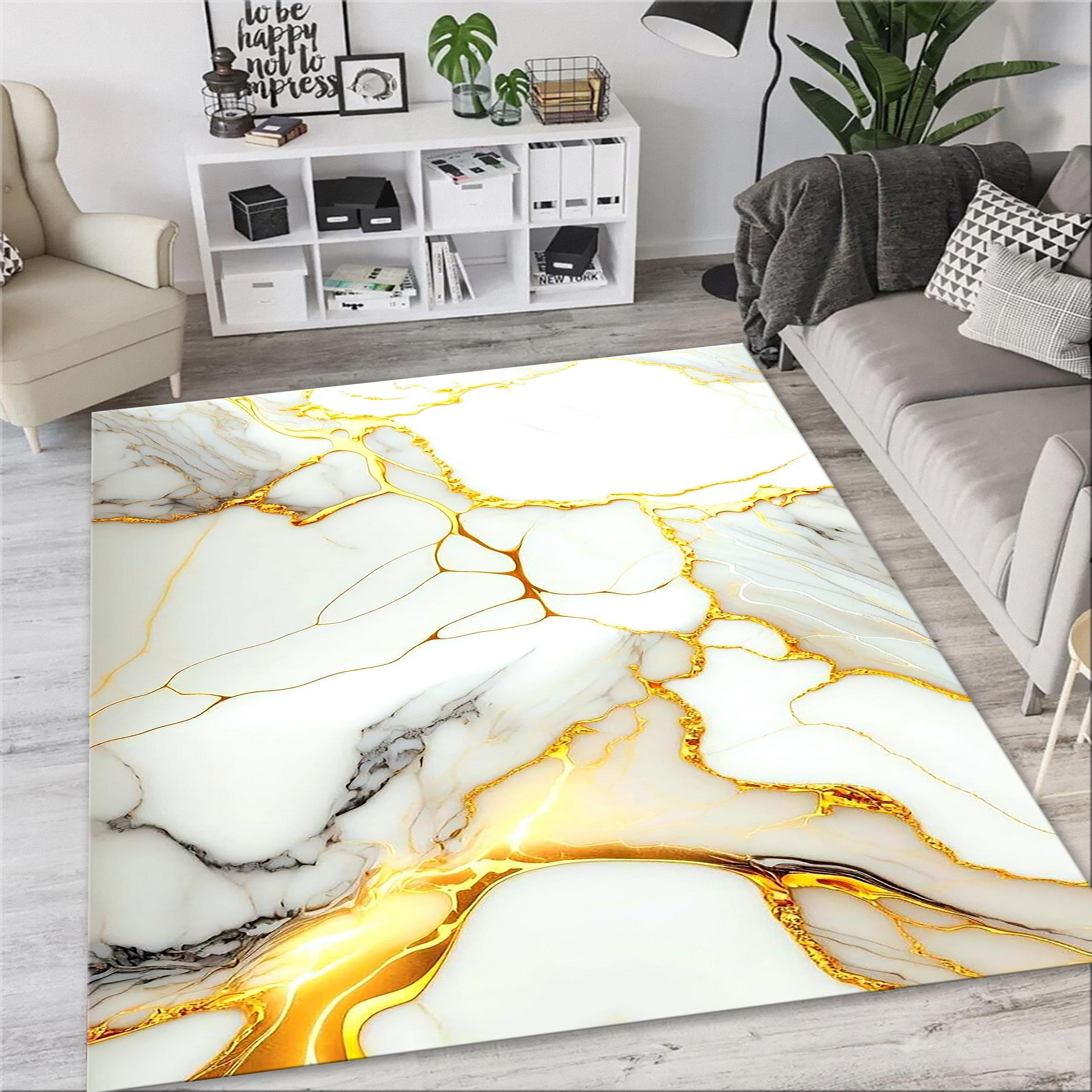 Luxury Gold & White Marble Pattern Rug, Marble Decor, Living Room Rug ...
