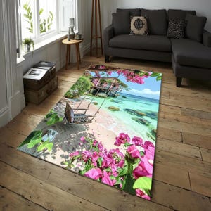 Pink Tropical Beach House Rug, Turquoise Ocean Coastal Rug, Seaside Summer Area Rug, Nautical Home Decor, Exotic Living Room Decoration