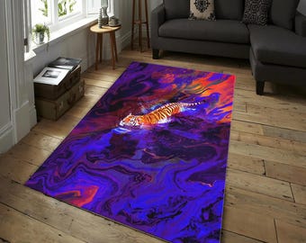 Psychedelischer Tiger-Teppich - Abstrakter Digitalmalerei-Teppich mit schwimmendem Tiger im surrealen Fantasy-Stil, lebendiger Pop-Art-Tigerteppich