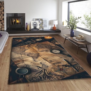 Vintage Map Rug, Cartography Decor Art, Retro Map Tapestry, Travel Lover Decor, Living Room Rug, Pirate Map Style, Area Rug, Design Rug