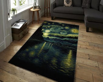 Van Gogh Sternennacht inspirierter Teppich, Wirbelnder Himmel Teppich, Wohnzimmer Schlafzimmer Kunst Dekor, Blau und Gelb Sterne Muster Bereich Teppich, Sternennacht