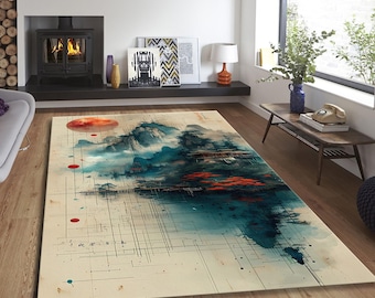 Mystic Oriental Temple Rug, Japan Themed Rug, Japanese Rug, Japanese Design Rug, Japan Art Rug, AI Generated Mountain Sunset Floor Rug