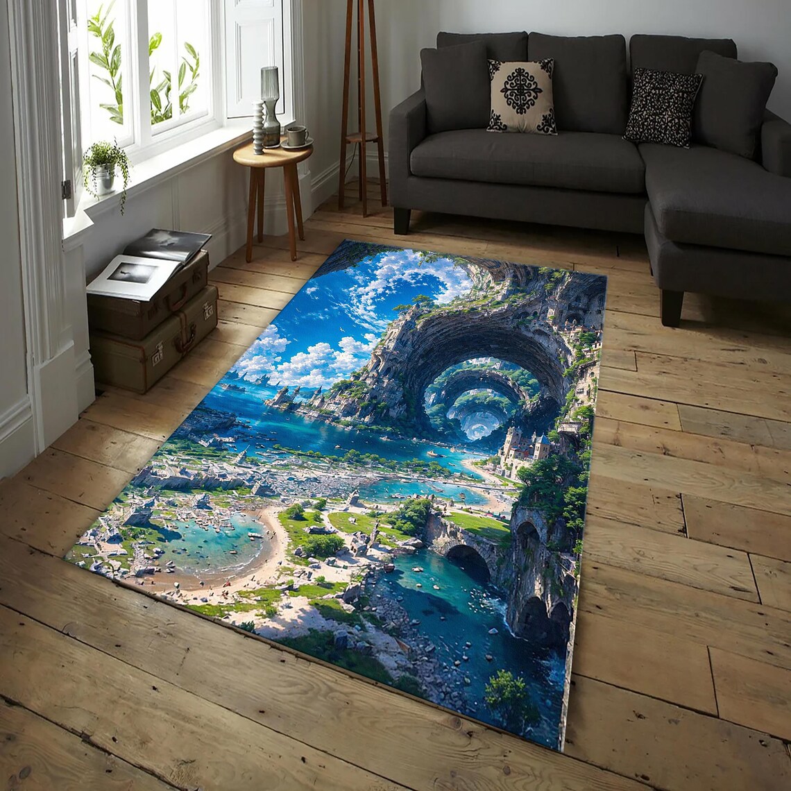 Fantasy Castle Landscape Rug, Surreal Ocean Archway Rug, Epic Medieval ...