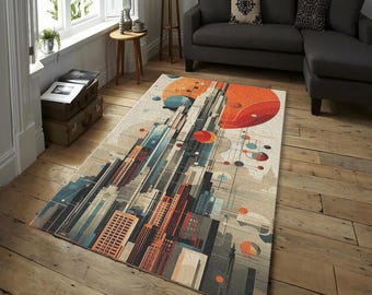 Pode incluir: Um tapete retangular com um design abstrato de paisagem urbana. O tapete apresenta uma paleta de cores laranja, azul, cinza e bege. O design inclui edifícios estilizados, círculos e linhas, criando um visual moderno e artístico.