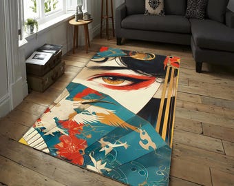 Japanese Art Rug – Geisha Eye and Fan Carpet, Teal and Red Area Rug, Asian Inspired Floor Decor for Living Room, Bedroom, Office,19 variants