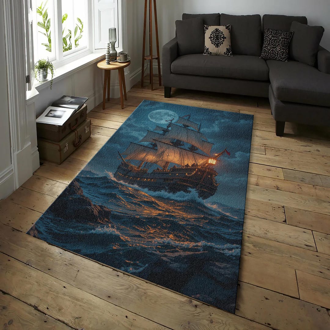 Pirate Rug Texture Dark Pirate Ship Rug: Golden Full Moon & Fantasy Ocean Scene, Gothic ...