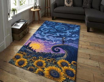 Starry Night Art Rug, Vincent Van Gogh, Van Gogh Painting, Starry Night Decor, Golvmatta, Jack Skellington, Van Gogh Impressionist Landscape