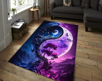 Kosmischer Yin Yang Teppich - Mystischer Mond und Galaxy Balance Teppich mit Lila Baum & Nachthimmel Design für Wohnzimmer, Schlafzimmer, Spielzimmer