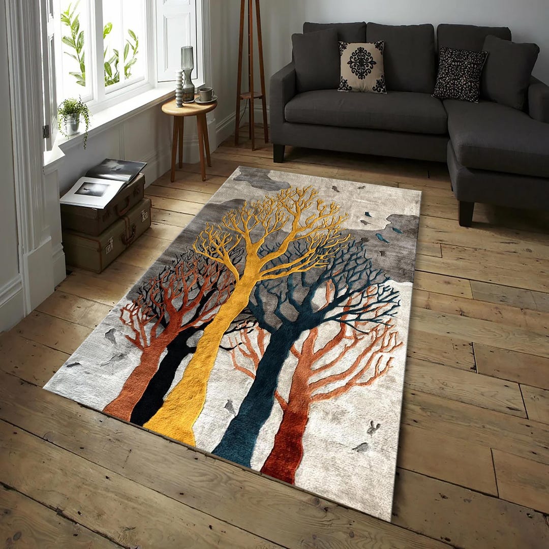 Modern Abstract Tree Printed Area Rug – Mustard Teal Scandinavian ...
