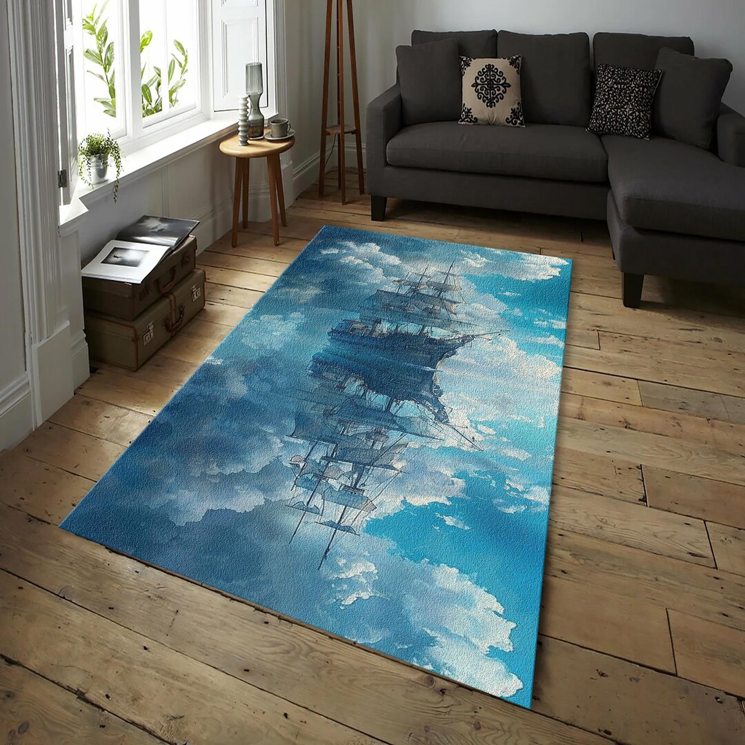Blue White Ship Rug, Ocean Sailing Illustration Carpet, Nautical Themed ...