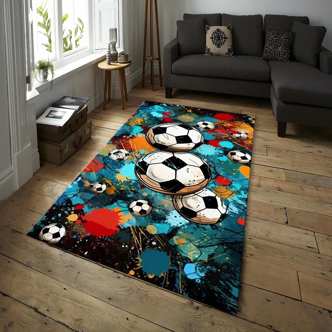 Football Custom Rug Soccer Graffiti Area Rug – Turquoise Blue Orange Football Teen Bedroom ...