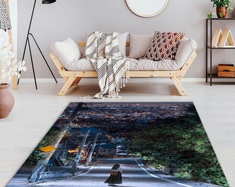 Gaming Room Rug, AI Generated Rug, Anime View City Rug, Teenage Room Rug, Japanese Urban Decor Area Rug, Anime Cityscape Rug, Pixel Art Rug