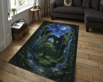 Von Van Gogh Sternennacht inspirierter Teppich - Blauer und Gelber Himmel Kunstteppich für Wohnzimmer, Schlafzimmer, Büro, Wohnkultur Der Sternennacht-Stil