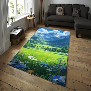 Anime Style Mountain Landscape Rug – AI Art Green Valley with Wildflowers – Nature Scene Carpet for Home Decor, Area Rug – Living Room Rug