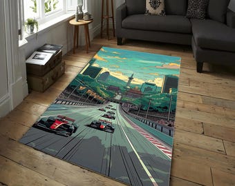 Futuristischer Rennteppich aus der Stadt mit asiatischem Tempel und Skyline Design für Spielzimmer
