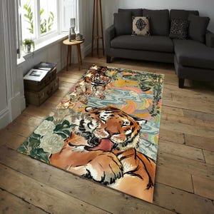 Cute Tiger Art Rug, Boho Tiger Rug – Eclectic Jungle Animal Carpet, Retro Psychedelic Nature Inspired Decor for Living Room or Bedroom