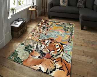 Süßer Tiger-Teppich, Boho-Teppich - Eklektischer Dschungel-Teppich, Retro-Psychedelic-Natur-inspiriertes Dekor für Wohnzimmer oder Schlafzimmer