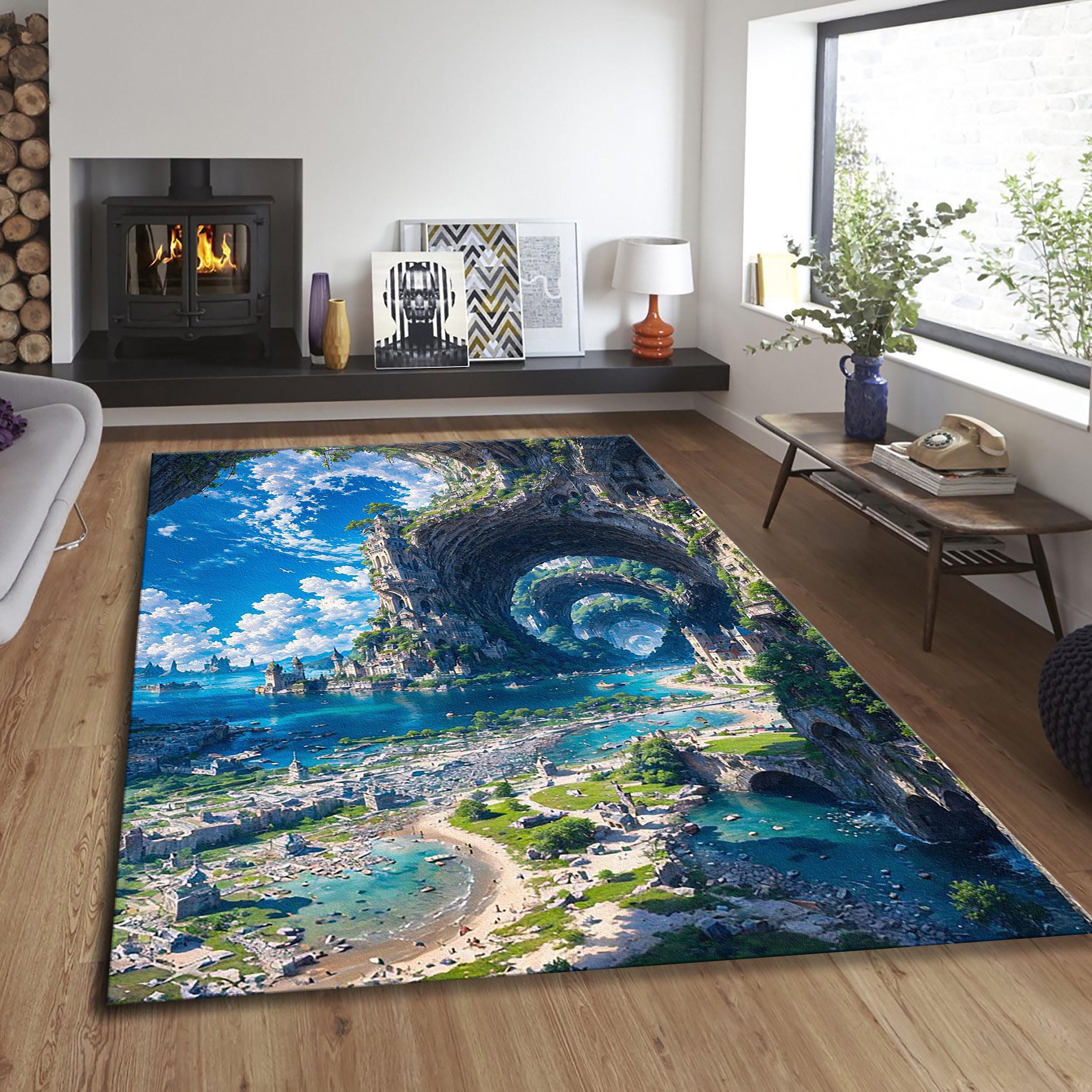 Epic Rug Fantasy Castle Landscape Rug, Surreal Ocean Archway Rug, Epic Medieval ...