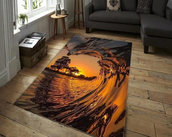 Sonnenuntergang Ozean-Wellen-Teppich - goldener Wasser und Natur inspirierter Teppich für Wohnzimmer, Schlafzimmer, Kinderzimmer und moderne Innendekoration, Sonnenuntergangs-Teppich