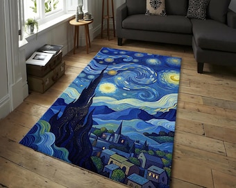 Stjärnnattsinspirerad landskapsmatta – Färgglad golvmatta i Van Gogh-stil, dekorativ matta för sovrum, vardagsrum, himmelsmönstermatta