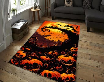 Halloween Jack Skellington Teppich, Gothic Kürbis Mond Teppich, Spooky Alptraum vor Weihnachten Teppich, Spukhaus Dekor, Wohnzimmer Teppich