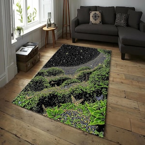 Starry Night Forest Rug, Black Sky and Green Nature Carpet, Cosmic Butterfly Fantasy Area Rug, Enchanted Garden Design for Home Decoration