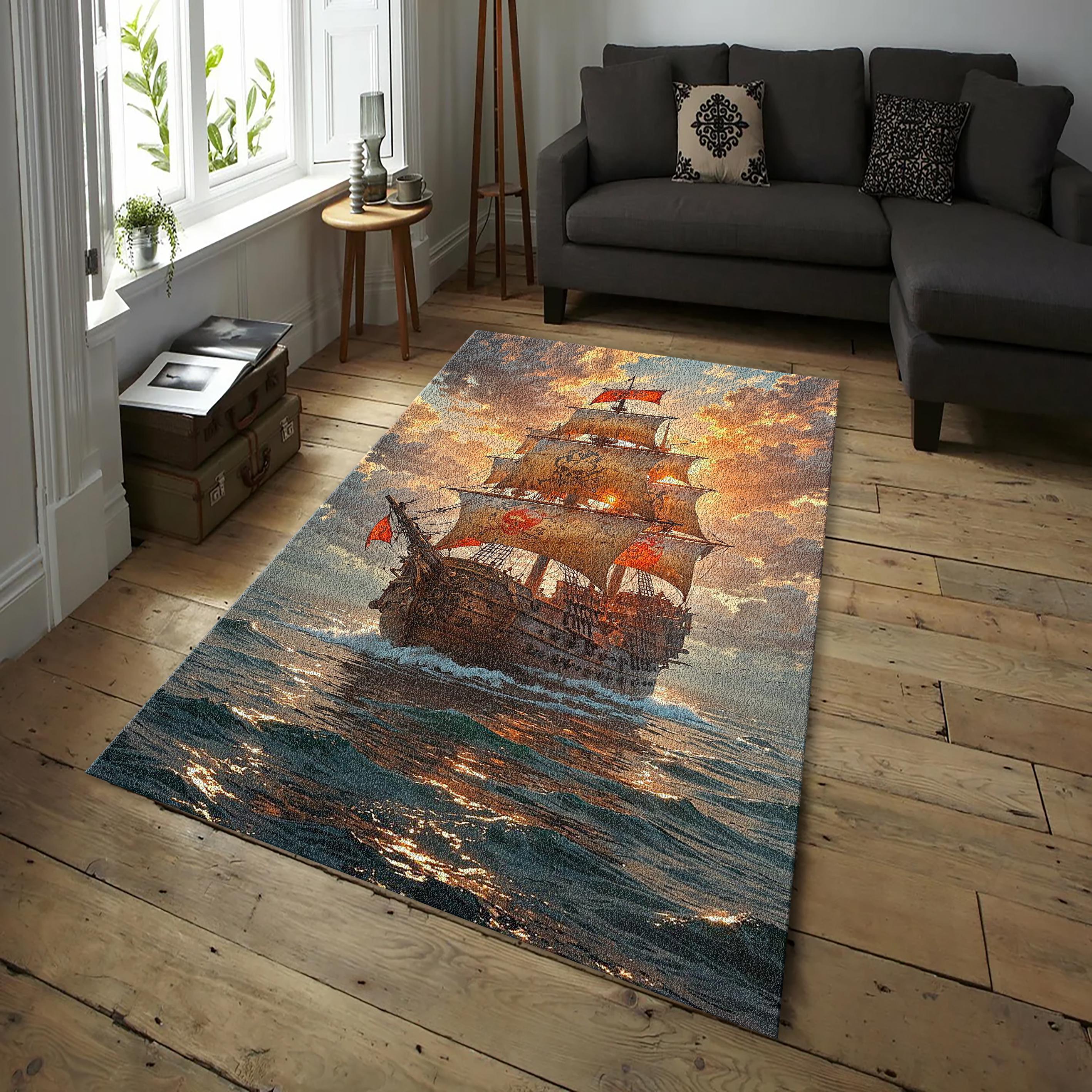 Dark Pirate Ship Rug: Sunrise Themed & Fantasy Ocean Scene, Gothic ...