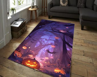 Halloween Wald Teppich, Kürbis Fledermäuse Teppich, Gothischer Haunted Woods Teppich, Gruseliger Halloweenteppich, Halloween Dekoration