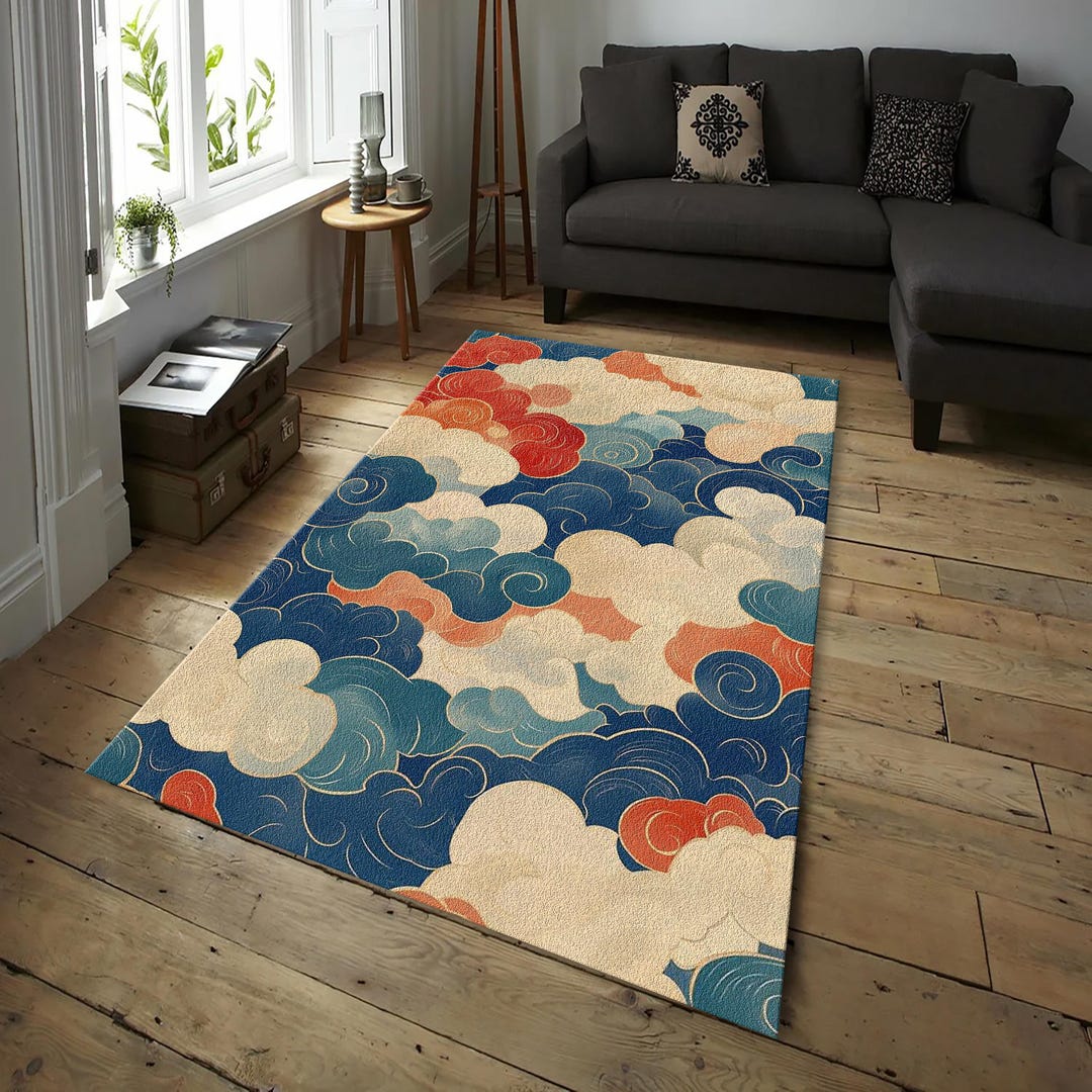 Cloud Pattern Rug Japanese Cloud Pattern Rug: Ukiyo-e Style Asian Art Print, Red Blue ...