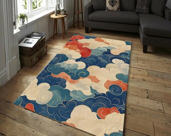 Japanese Cloud Pattern Rug: Ukiyo-e Style Asian Art Print, Red Blue Vintage Zen Home Decor Floor Mat, Japanese Art Rug, Cloud Rug, Area Rug