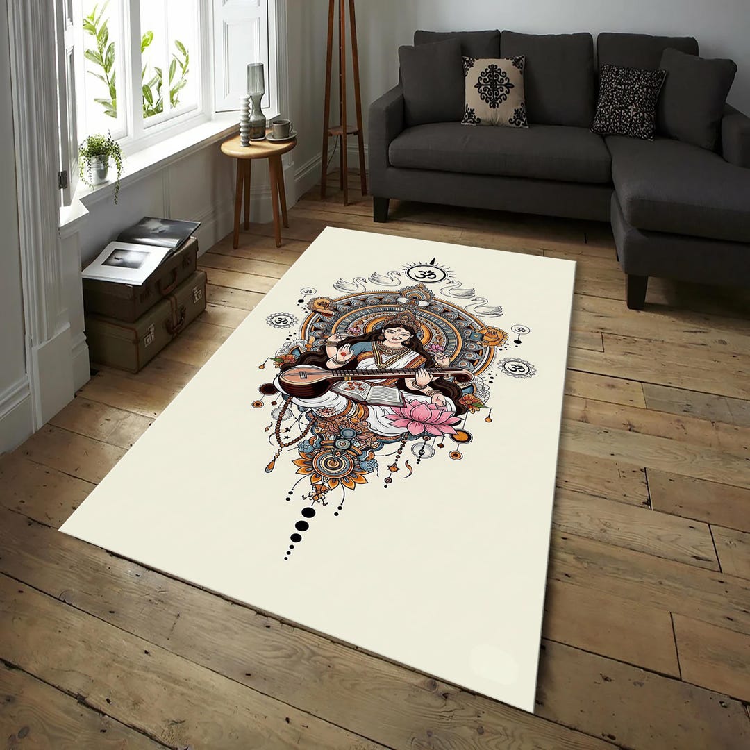 Goddess Saraswati Art Rug – Sacred Hindu Mandala Pattern Carpet With ...