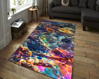 Regenbogen Wasser Reflection Teppich - Abstrakter Holographischer Wellen Inspirierter Teppich, Modernes Prisma Kunst Dekor für Wohnzimmer oder Schlafzimmer, Bereichsteppich