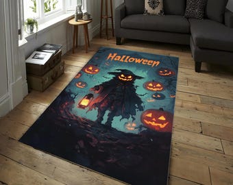 Halloween Kürbis Hexe Teppich, Gothic Spooky Jack O’Lantern Teppich, Spukhaus Halloween Dekor Bodenmatte für Zuhause, Wohnzimmer Teppich